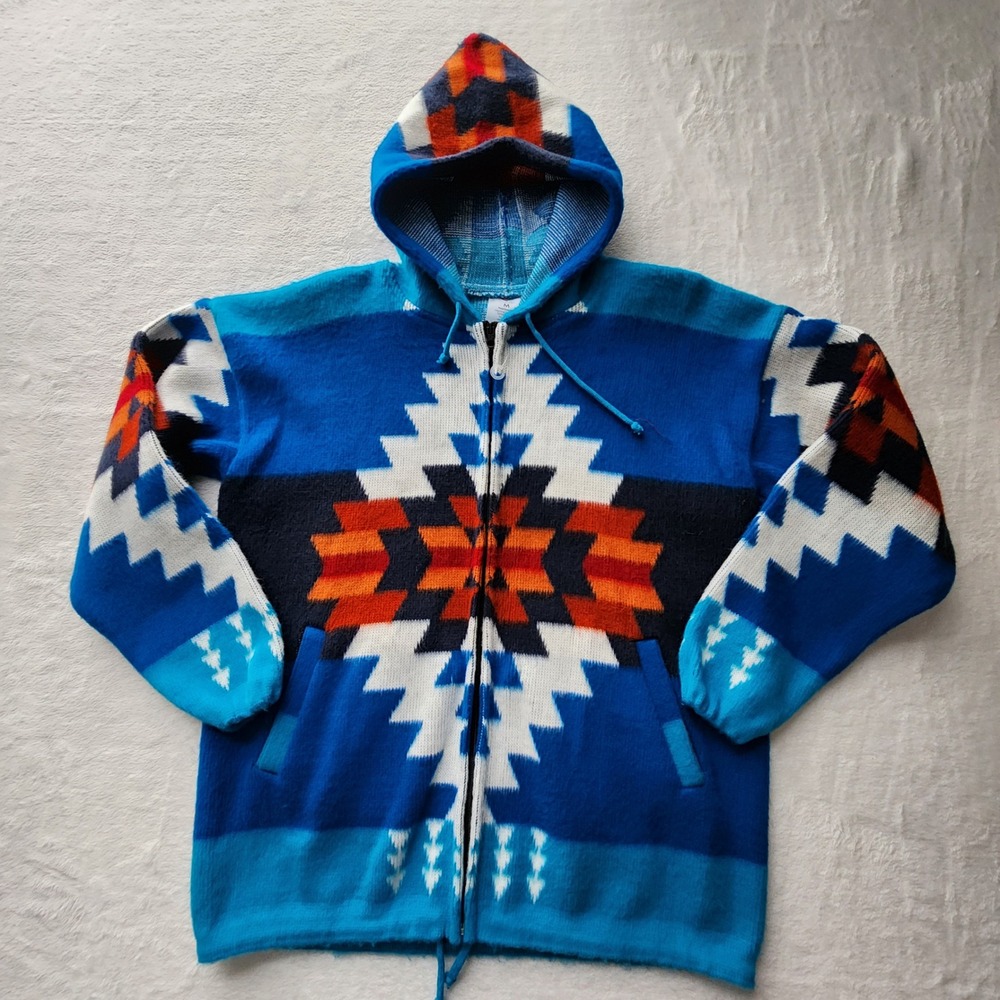 Camptex Wool Zip Up Hoodie Mens Medium Blue Southwest Aztec Geometric Jacket